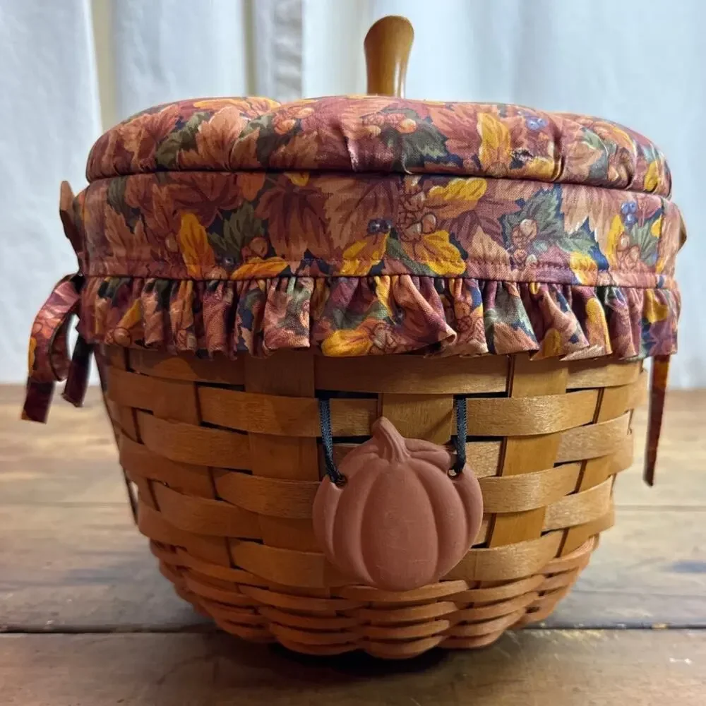 Longaberger 1995 Pumpkin Basket No. 19402 Lid + Plastic Insert + Cloth Liner